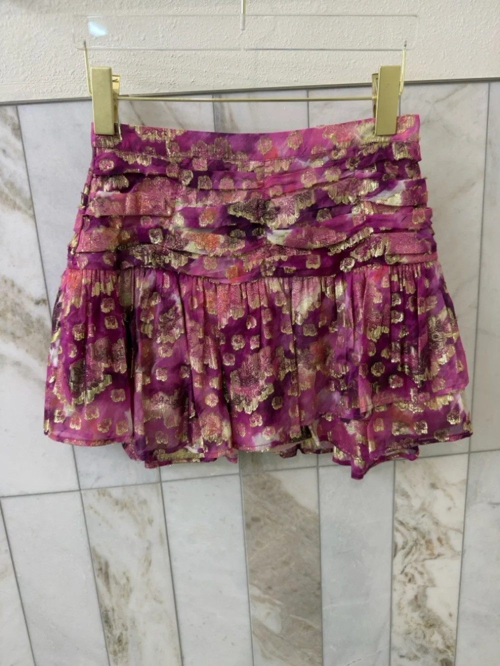 LoveShackFancy Moe Metallic Pink Ruffle Mini Skirt - Picture 3 of 5